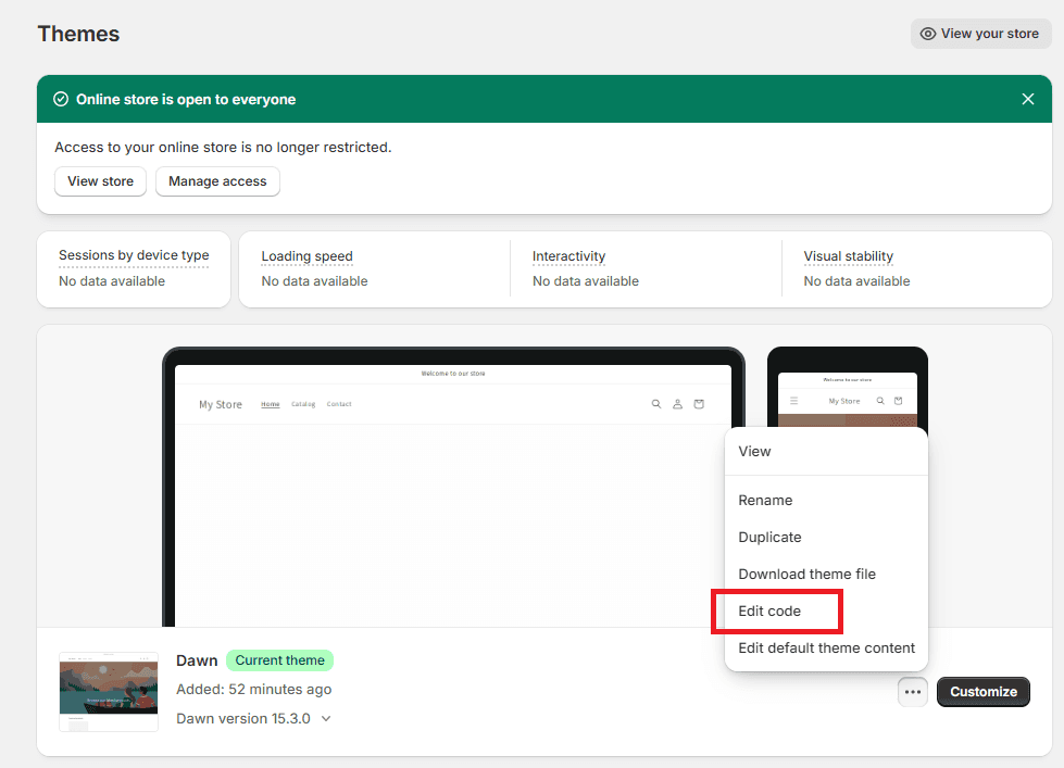 Edit theme code in Shopify