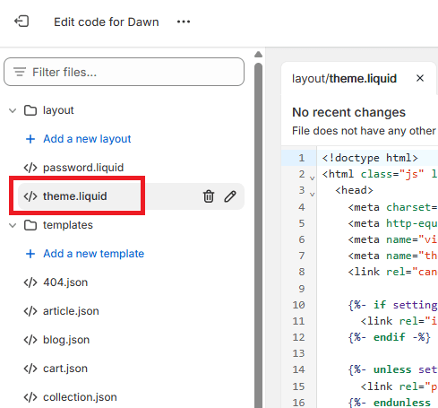Opening the theme.liquid file in Shopify